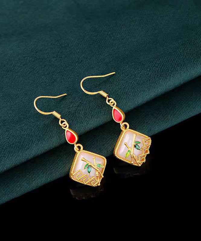 Art Gold Copper Overgild Inlaid Jade Gem Stone Bamboo Leaf Drop Earrings