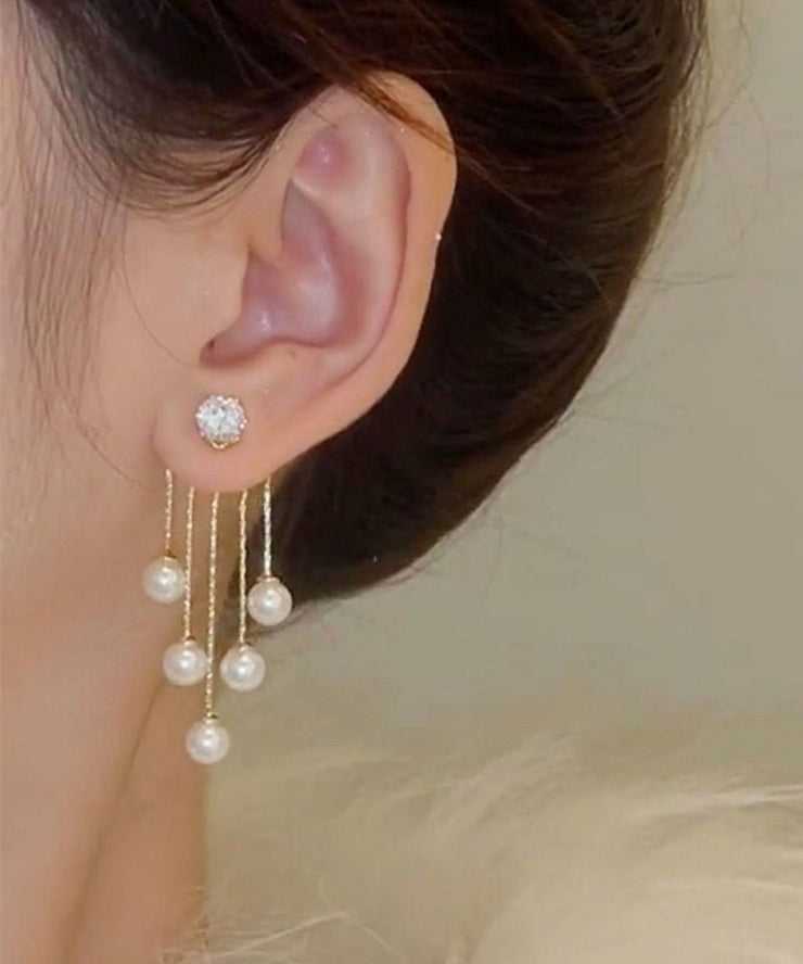 Art Gold Sterling Silver Copper Overgild Zircon Pearl Tassel Drop Earrings