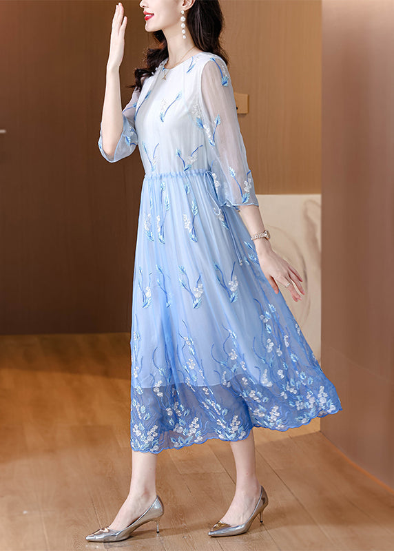 Art Gradient Blue O Neck Embroidered Drawstring Silk Dress Summer