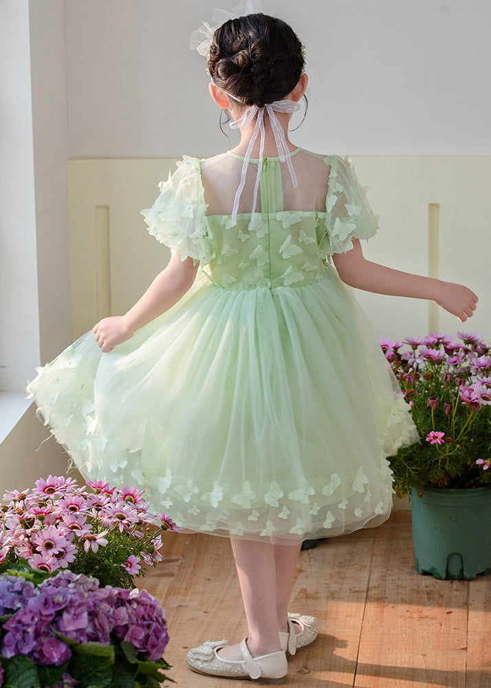 Art Grass Green Butterfly Hollow Out Tulle Kids Girls Dress Summer