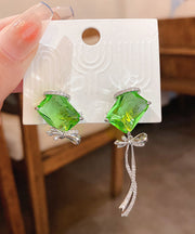 Art Grass Green Copper Zircon Asymmetric Crystal Bow Tassel Drop Earrings