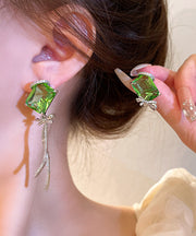 Art Grass Green Copper Zircon Asymmetric Crystal Bow Tassel Drop Earrings