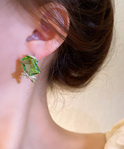 Art Grass Green Copper Zircon Asymmetric Crystal Bow Tassel Drop Earrings