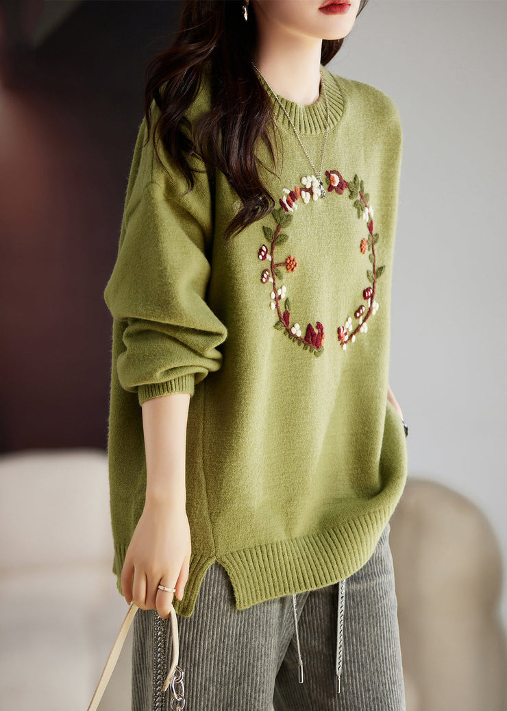 Art Grass Green Embroidered Thick Knit Sweater Tops Winter