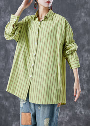 Art Grass Green Oversized Striped Cotton Blouses Summer