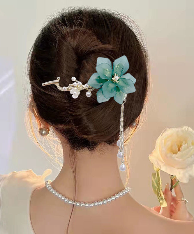 Art Green Alloy Pearl Floral Tassel Hairpin