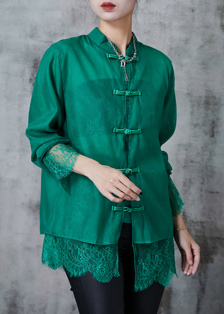 Art Green Chinese Button Patchwork Lace Shirt Tops Summer