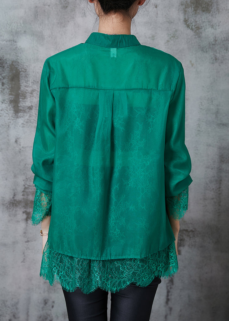 Art Green Chinese Button Patchwork Lace Shirt Tops Summer