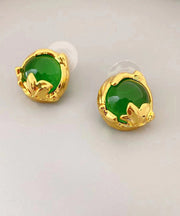 Art Green Copper Overgild 14K Gold Gem Stone Stud Earrings