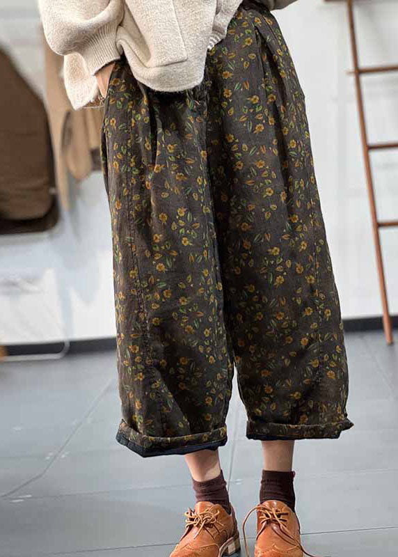 Art Green Elastic Waist Print Fine Cotton Filled Wide Leg Pants Winter