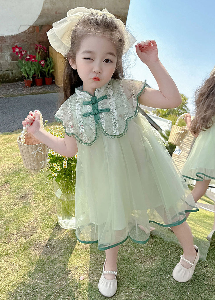 Art Green Embroideried Patchwork Button Tulle Girls Vacation Maxi Dresses Summer