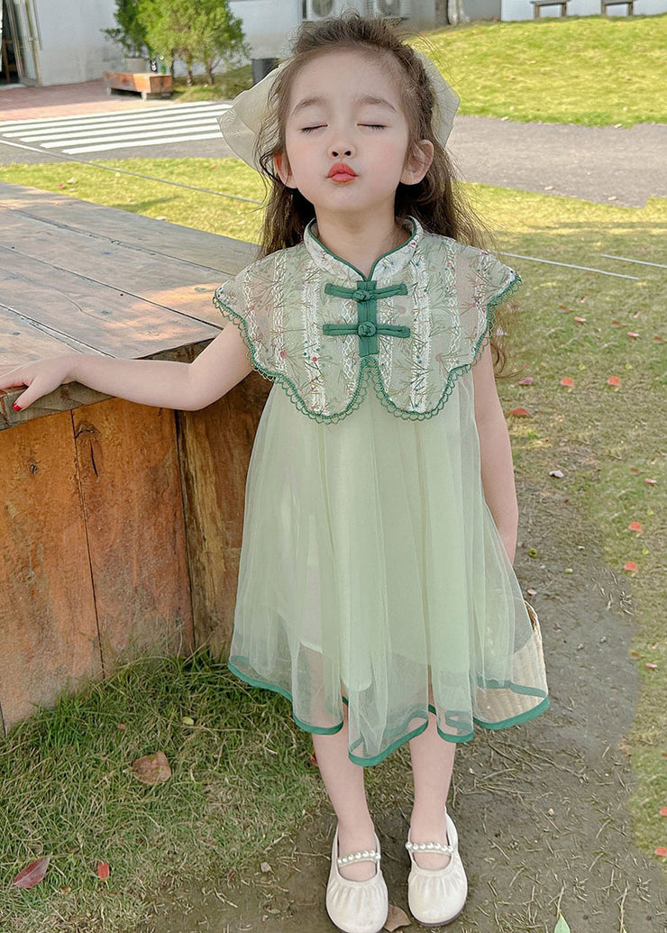 Art Green Embroideried Patchwork Button Tulle Girls Vacation Maxi Dresses Summer