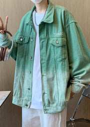 Art Green Gradient Color Letter Pockets Denim Mens Coats Fall