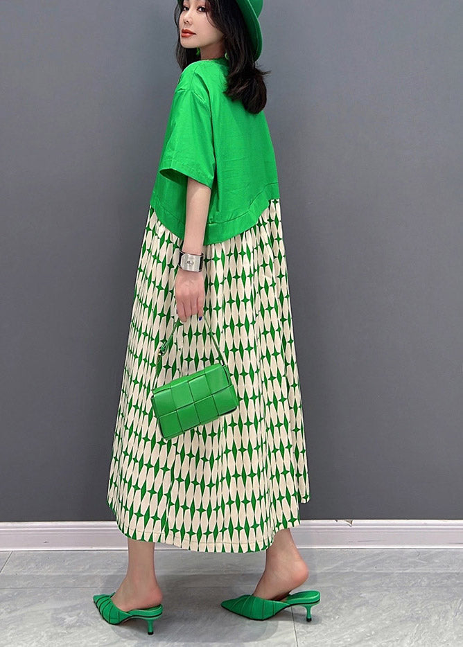 Art Green O-Neck Asymmetrical Patchwork Print Dresses Short Sleeve