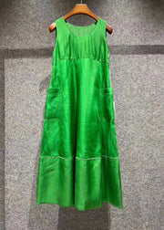 Art Green O Neck Pockets Patchwork Silk Dresses Sleeveless