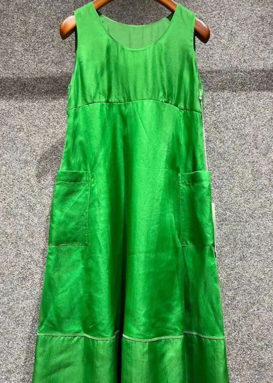 Art Green O Neck Pockets Patchwork Silk Dresses Sleeveless