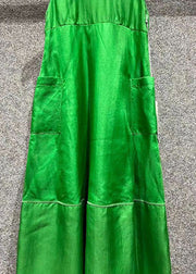 Art Green O Neck Pockets Patchwork Silk Dresses Sleeveless