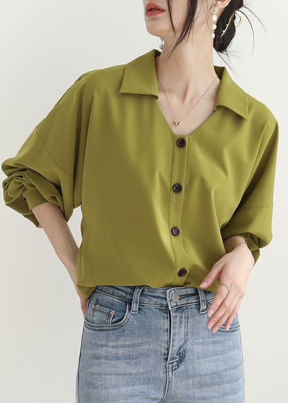 Art Green Peter Pan Collar Wrinkled Patchwork Chiffon Shirt Spring