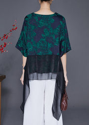 Art Green Print Asymmetrical Patchwork Silk Top Summer