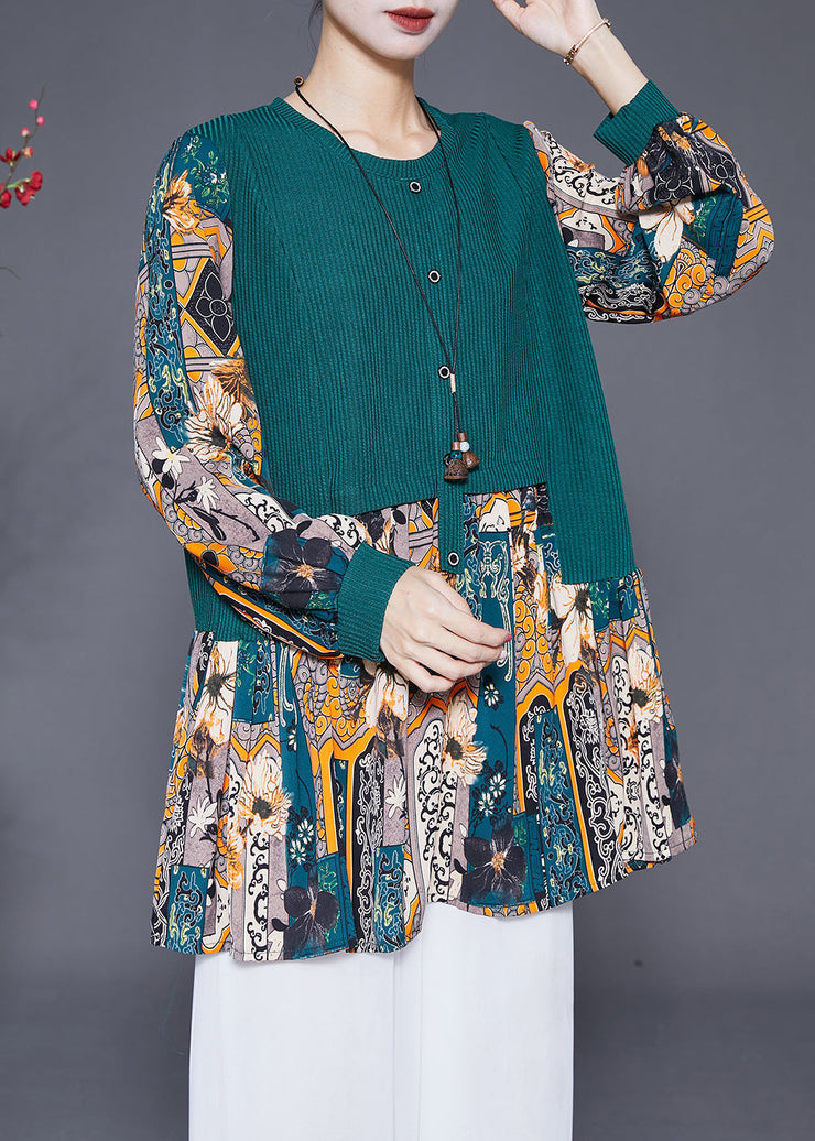 Art Green Print Patchwork Knit Chiffon Fake Two Piece Shirts Fall