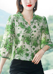 Art Green Ruffled Patchwork Print Chiffon Shirt Top Summer