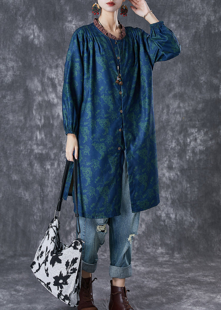 Art Green Ruffled Print Linen Shirt Dresses Fall