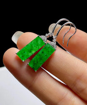 Art Green Sterling Silver Inlaid Zircon Rectangular Jade Drop Earrings