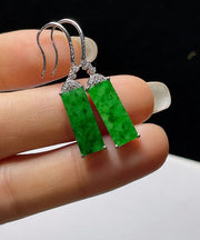 Art Green Sterling Silver Inlaid Zircon Rectangular Jade Drop Earrings