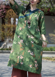 Art Green V Neck Print Patchwork Cotton Dress Half Sleeve