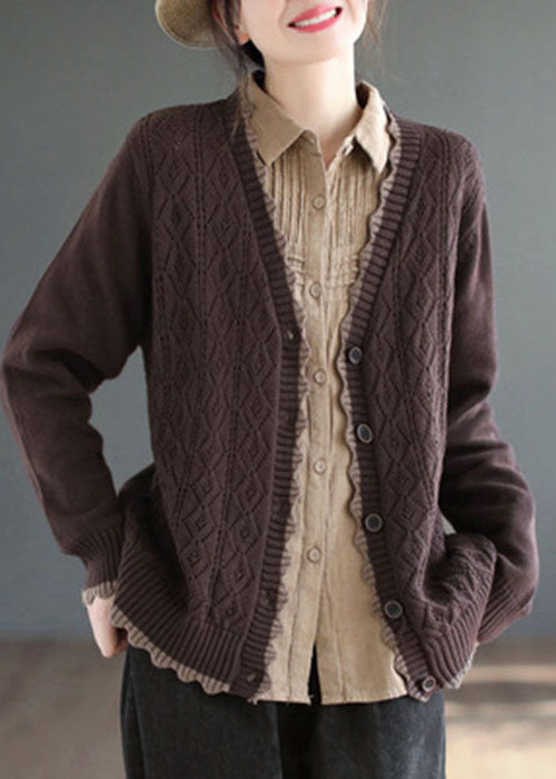 Art Green V Neck Single Breasted Knit Cardigan Winter