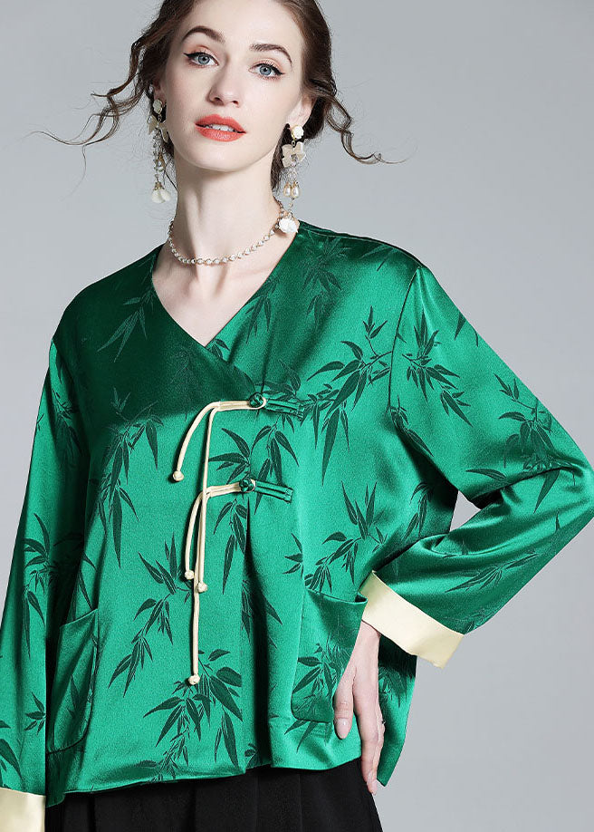 Art Green V Neck Tasseled Jacquard Patchwork Silk Tops Spring