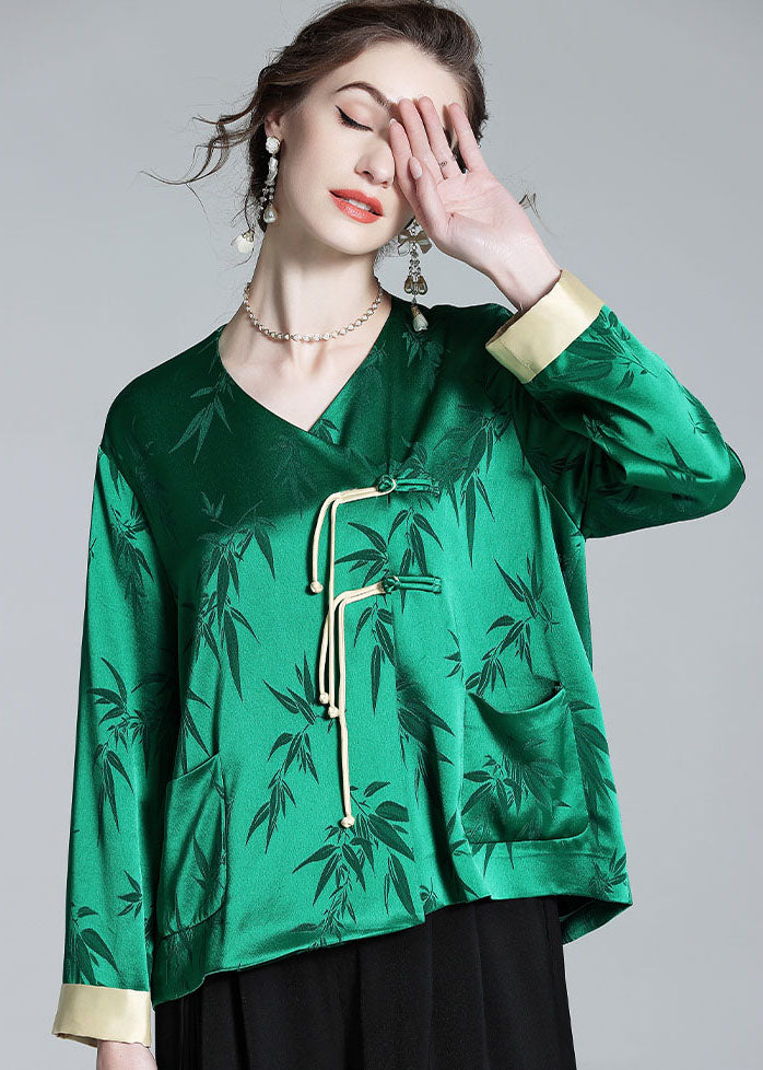 Art Green V Neck Tasseled Jacquard Patchwork Silk Tops Spring