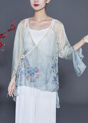 Art Grey Blue Print Lace Up Chiffon UPF 50+ Top Flare Sleeve