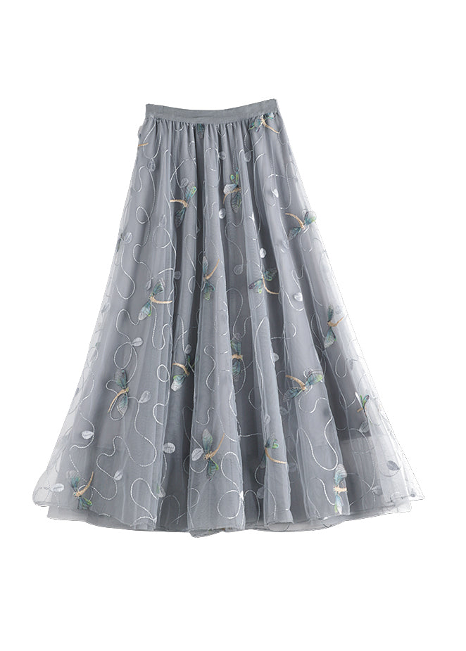 Art Grey Dragonfly Embroideried High Waist Tulle Skirts Summer