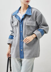 Art Grey Oversized Patchwork Rivet Woolen Jacket Spring