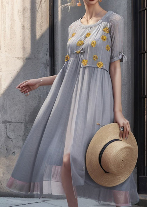 Art Grey Print Solid Silk Long Dresses Summer