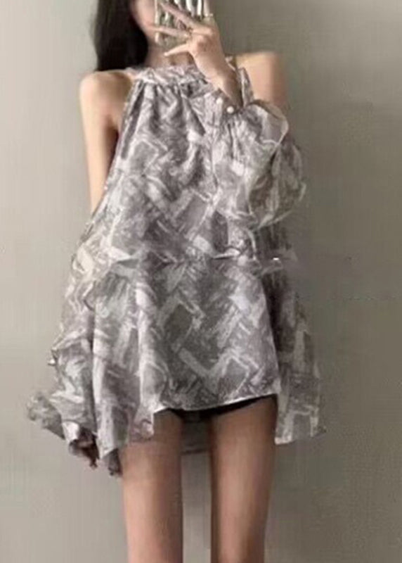 Art Grey Ruffled Print Cold Shoulder Shirt Sleeveless