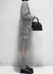 Art Grey Ruffled Solid Tulle Patchwork Knit Dress Fall