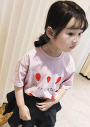 Art Grey Strawberry Print Kids Girls Tops Short Sleeve