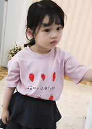 Art Grey Strawberry Print Kids Girls Tops Short Sleeve