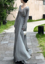 Art Grey V Neck Wrinkled Cotton Maxi Dresses Long Sleeve