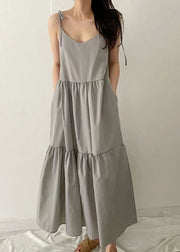 Art Grey V Neck Wrinkled Cotton Spaghetti Strap Beach Holiday Dress Summer