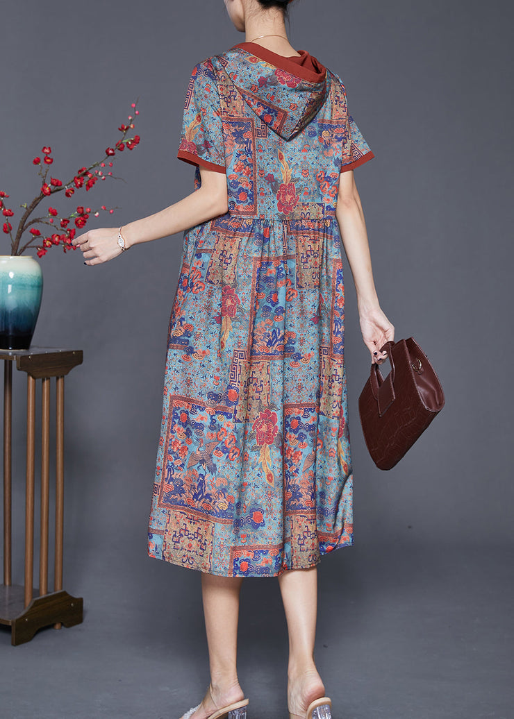 Art Hooded Print Silk Holiday Dress Short Sleeve