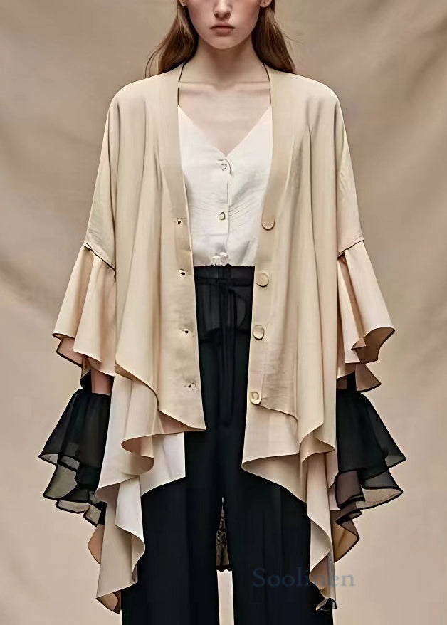 Art Khaki Asymmetrical Button Cotton Coat Butterfly Sleeve