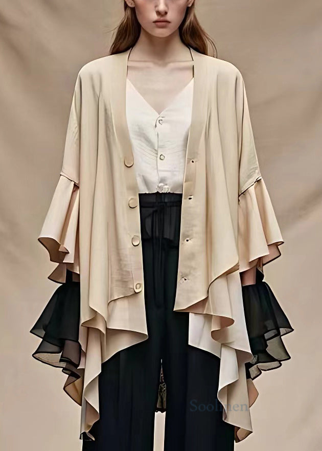 Art Khaki Asymmetrical Button Cotton Coat Butterfly Sleeve