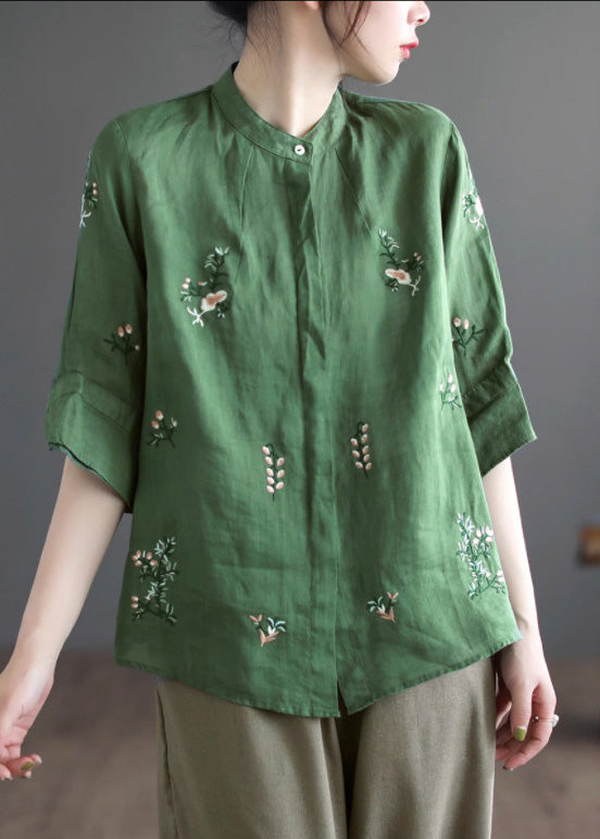 Art Khaki Embroideried Floral Button Ramie Shirt Half Sleeve