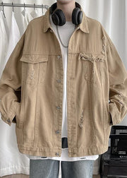 Art Khaki Hole Button Pockets Denim Men Coat Fall