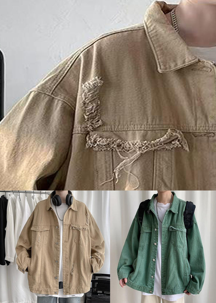 Art Khaki Hole Button Pockets Denim Men Coat Fall