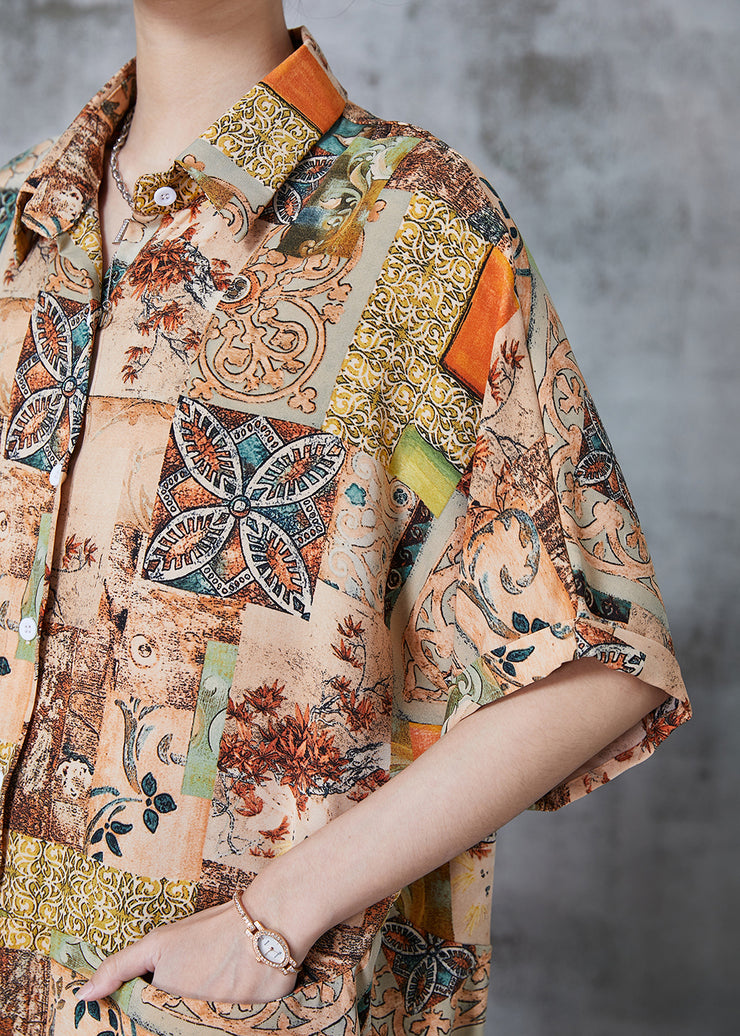 Art Khaki Oversized Print Chiffon Shirt Dress Summer