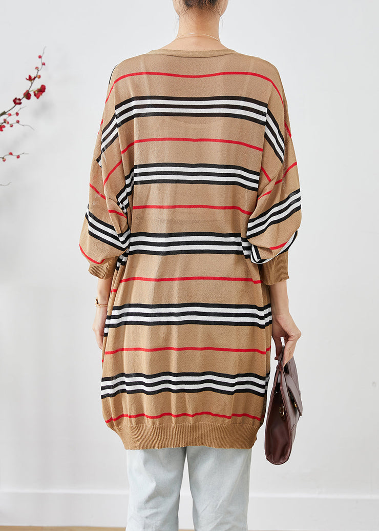 Art Khaki Oversized Striped Knit Cardigans Batwing Sleeve